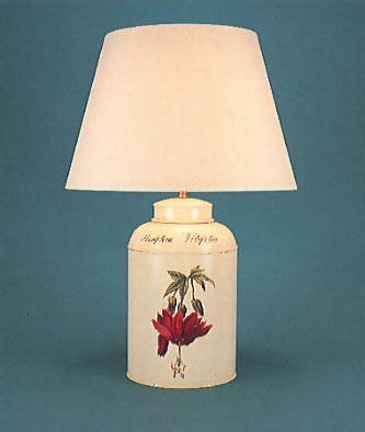 Flora Passiflora, tea canister lamp base, flora on barley white background with 17" plain parchment shade with  self coloured trim.