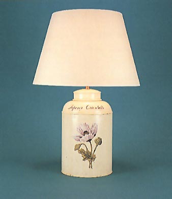 Flora Poppy, tea canister lamp base, flora on barley white background with 17" plain parchment shade with  self coloured trim.