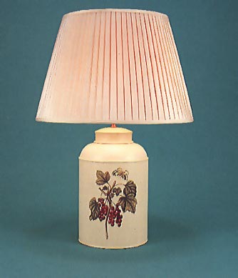 Flora Redcurrants, tea canister lamp base, flora on barley white background with 18" hand made pleated silk shade.