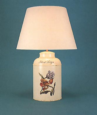 Flora Tulip, tea canister lamp base, flora on barley white background with 17" plain parchment shade with  self coloured trim.