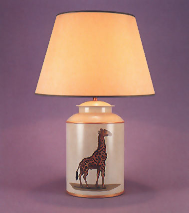 Giraffe, hand painted tea canister lamp base on pale blue background with 17" antique parchment shade with gold trim.
