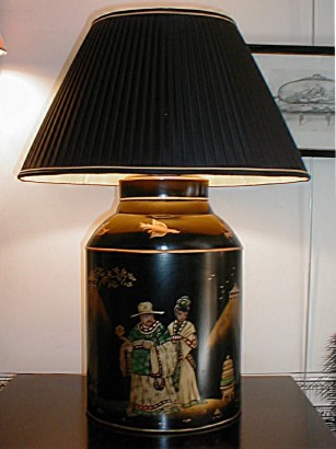 Hand painted tea canister lamp base with shade.