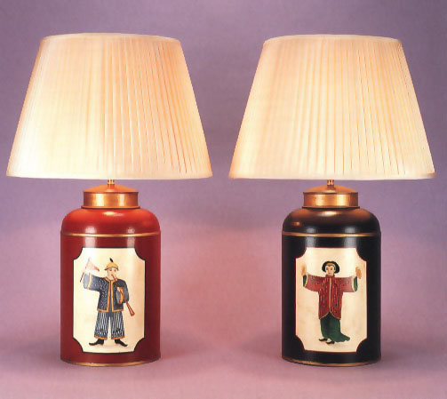 Musicians, hand painted tea canister lamp bases with hand painted musicians with 18" hand made silk pleated shade.