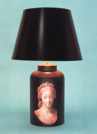 Nathalie de Laborde, Decoupage tea canister lamp base c 1789 on black background with 17" shade sprayed black with gold interior and black trim.