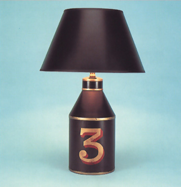 Number 3, tea canister lamp base, hand painted number 3 on black background with 11" sprayed black shade with gold interior and black trim.