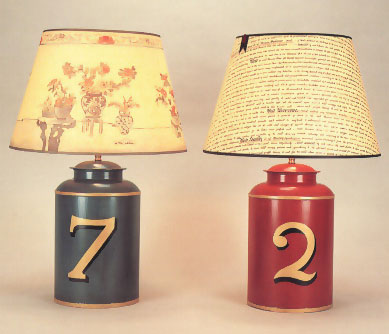 Numbers 7 & 2, tea canister lamp bases hand painted numbers with 17" shades.