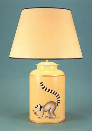 Ringtail Monkey, hand painted tea canister lamp base on ochre background with 17" antique parchment shade with black trim.