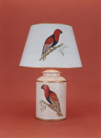 Red Parrot, lamp base on barley white background with 17" hand painted shade with gold trim.