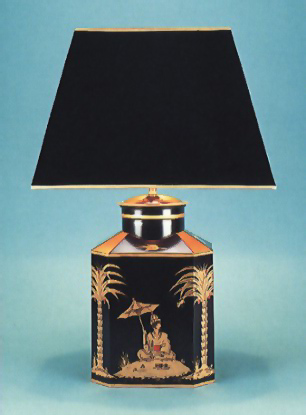 Sans Souci Octagonal, tea canister black/gold hand painted sans souci  lamp base with 17" rectangular sprayed black shade with gold interior and gold trim.
