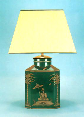 Sans Souci Octagonal, tea canister green/gold hand painted sans souci  lamp base with 17" antique parchment shade with gold trim.