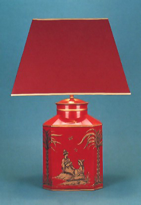 Sans Souci Octagonal, tea canister red/gold hand painted sans souci  lamp base with 17" rectangular sprayed red  shade with gold interior and gold trim.