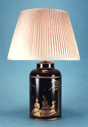 Sans Souci Round, tea canister black/gold hand painted sans souci  lamp base with 18" hand made pleated silk shade.