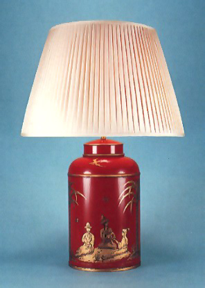 Sans Souci Round, tea canister red/gold hand painted sans souci  lamp base with 18" hand made pleated silk shade.