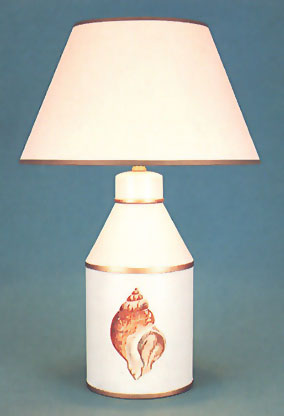 Conch shell, tea canister lamp base hand painted sea shore on pale blue background with 11" cream card shade with gold trim.
