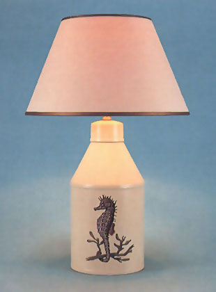 Sea Horse, tea canister lamp base hand painted sea shore on barley white background with 11" cream card shade with gold trim.