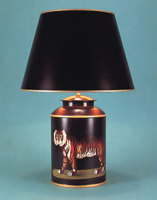 Tiger, hand painted tea canister lamp base on black background with 17" sprayed black shade with gold interior and gold trim.