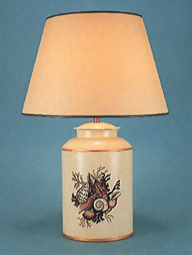 Victorian Shells, lamp base on barley white background with 17" antique parchment shade with gold trim.