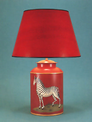 Zebra, hand painted tea canister lamp base on terracotta background with 17" hand painted terracotta shade with black trim.