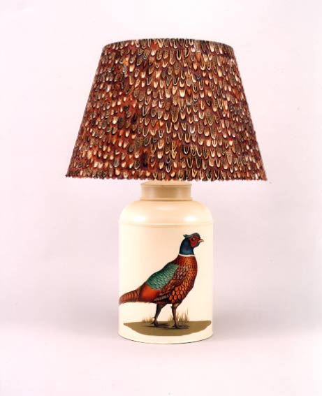 Pheasant, lamp base on barley white background with 17" Pheasant feather shade.