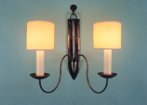 Le Clos Wall Sconce, two arm electric semi bright finish with half round antique parchment shades with self coloured trim