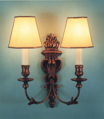 Flambeau gilt finish wall sconce with large 3 sided shades in antique parchment with gold trim