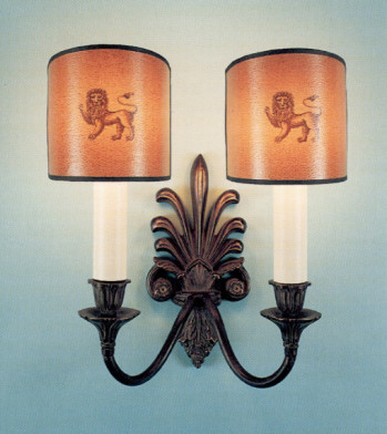 Honeysuckle wall sconce, antiqued bronze finish, 2 arm electric with half round lion on sepia shades with black trim