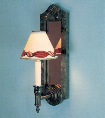 Wooden mirror backed wall sconce, hand painted dark green marble, electric with 5 handpainted terracotta knot shade