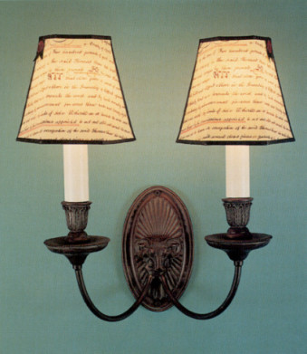 Ram's head wall sconce, antiqued bronze finish, 2arm electric with large 3 sided indenture shades with black trim